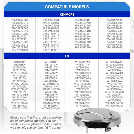 Compatibility chart for 5006EA3009B washer pulsator cap listing compatible LG and Kenmore washing machine models.