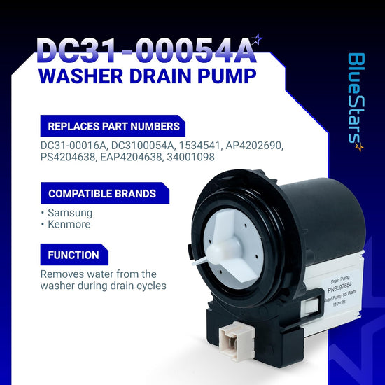 DC31-00054A washer drain pump motor for Samsung and Kenmore washing machines with technical specifications graphic.