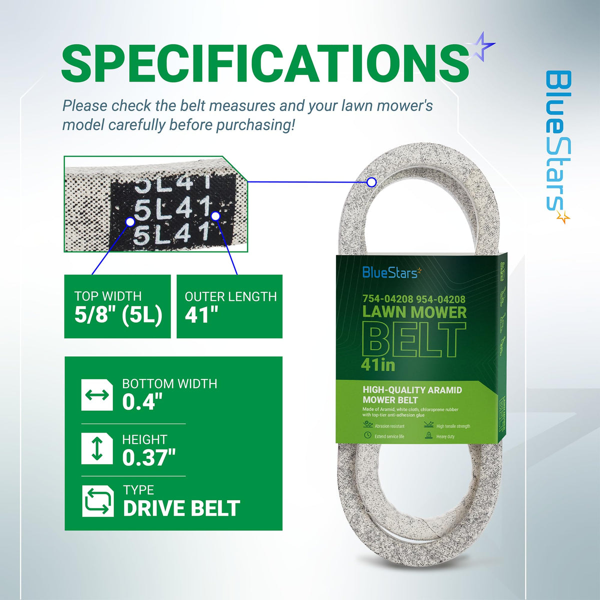 Specification chart for 954-04208A upper drive belt showing dimensions and product details for riding lawn mowers.