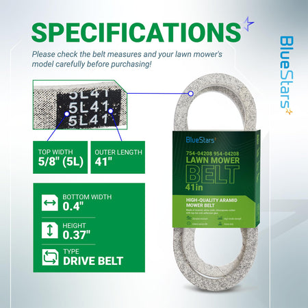 Specification chart for 954-04208A upper drive belt showing dimensions and product details for riding lawn mowers.