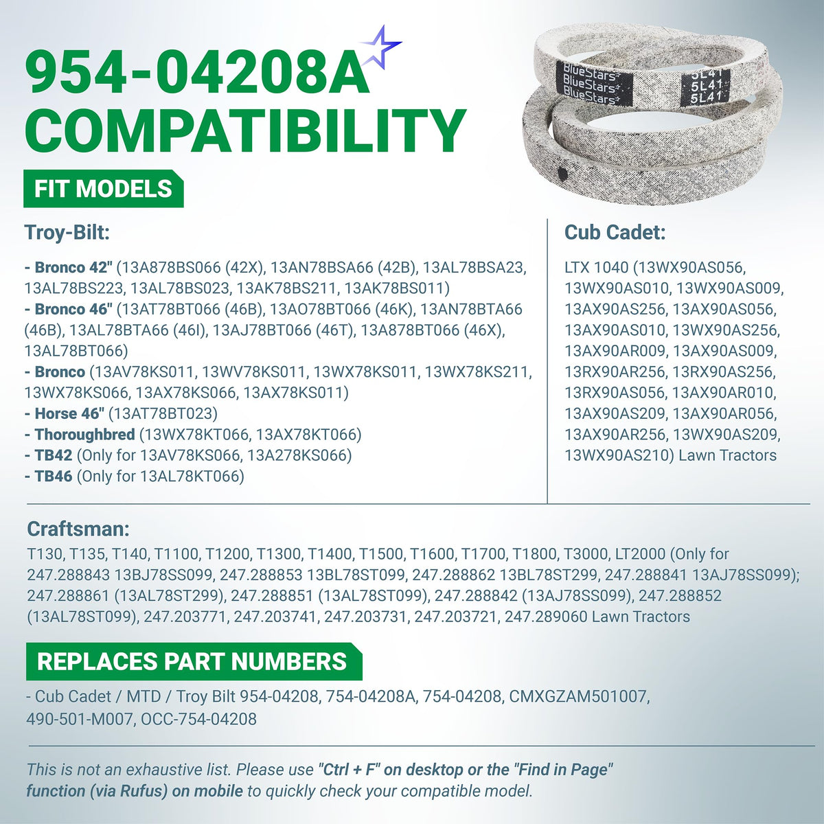 Compatibility chart for 954-04208A upper drive belt for Cub Cadet, MTD, Troy Bilt, and Craftsman lawn mowers.