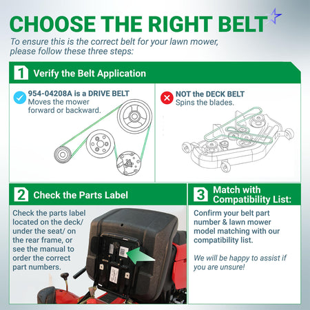 Instructional guide for identifying the 954-04208A upper drive belt for Cub Cadet and MTD riding lawn mowers.