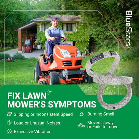 954-04208A upper drive belt for Cub Cadet, MTD, and Troy Bilt riding lawn mowers shown with maintenance symptoms.