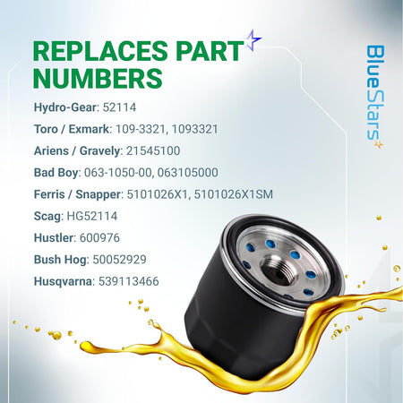 52114 Oil Filter graphic showing replacement part numbers and a black filter surrounded by golden oil