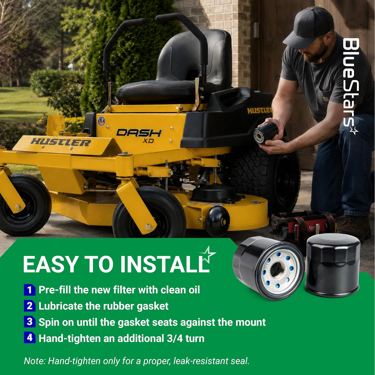 52114 Oil Filter installation graphic showing a person fitting a filter on a Hustler Dash XD mower with step instructions