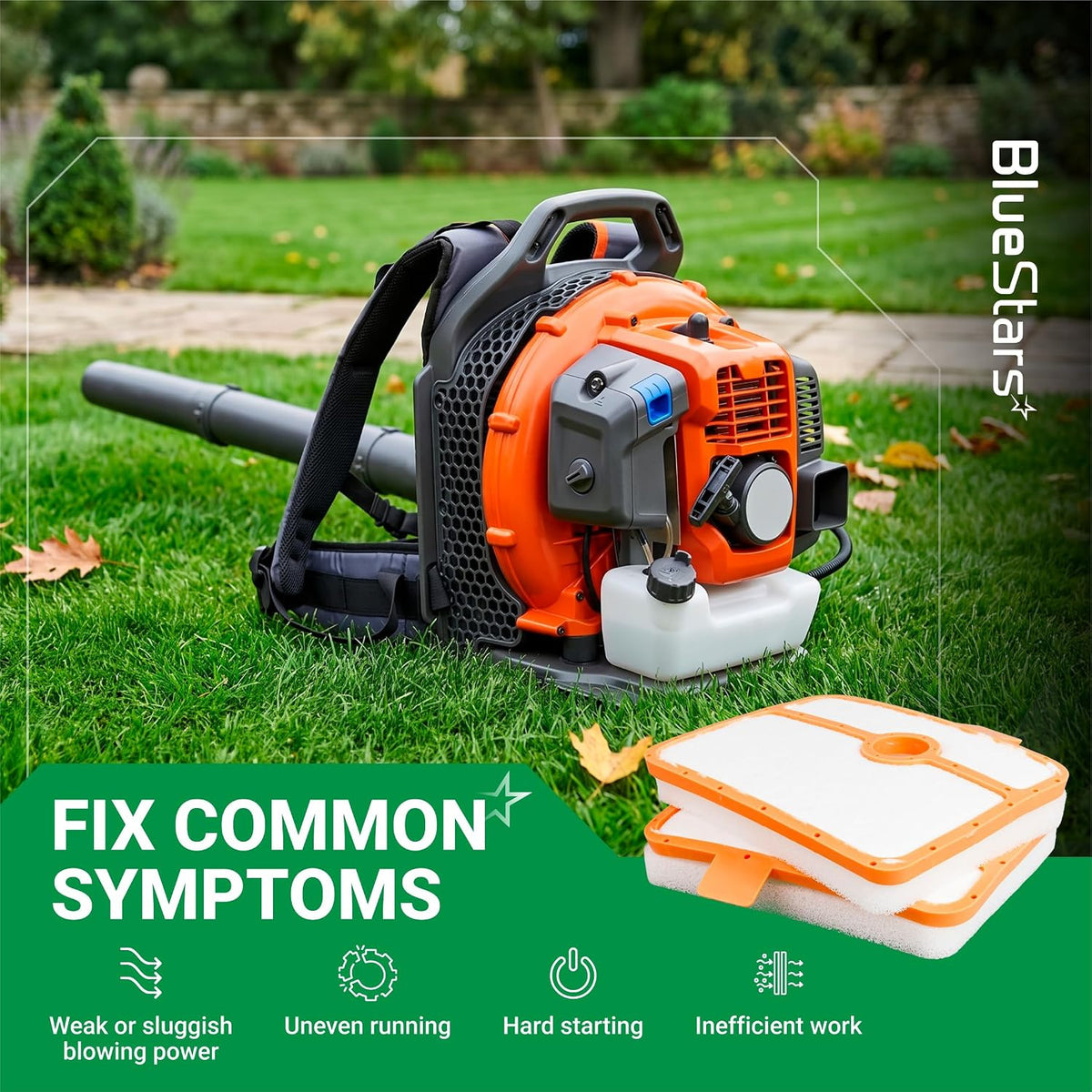 535316301 Air Filter, promotional graphic showing the filter beside a backpack blower and common symptoms