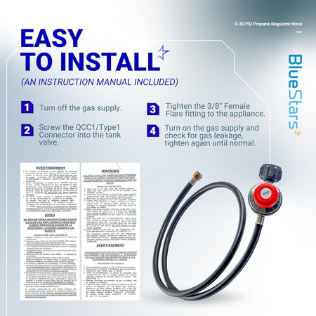 Installation guide for 4ft 0-30 PSI adjustable propane regulator with QCC1 connector and 3/8 inch flare hose.