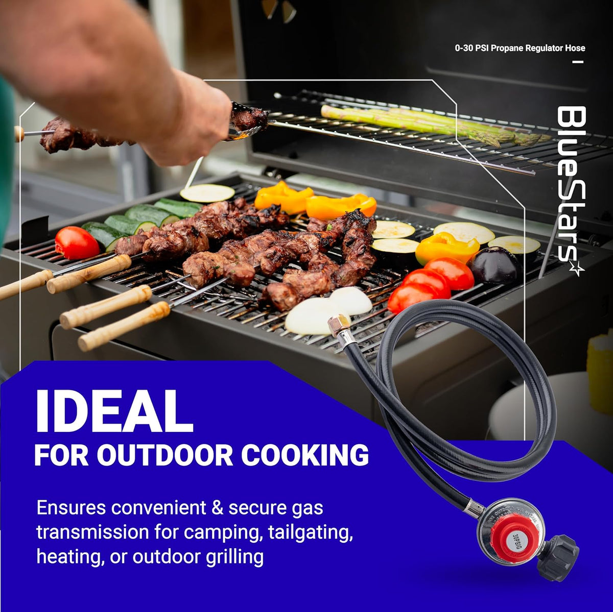 4ft adjustable 0-30 PSI propane regulator hose with QCC1 connector for outdoor grilling and cooking.
