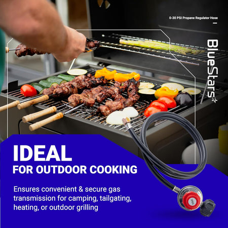 4ft adjustable 0-30 PSI propane regulator hose with QCC1 connector for outdoor grilling and cooking.