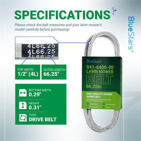 Specification chart for 041-6400-00 mower drive belt showing dimensions and compatibility details.