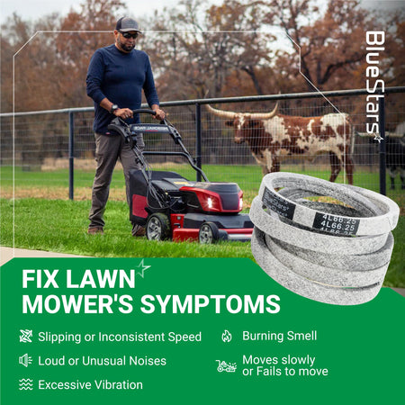 041-6400-00 replacement mower drive belt for Bad Boy mowers, shown with symptoms of a worn belt.