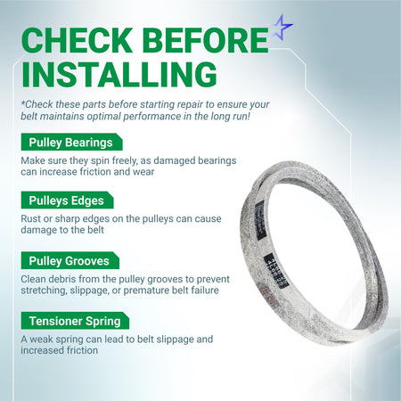 Informational graphic for 041-6400-00 mower drive belt replacement with installation tips for Bad Boy mowers.