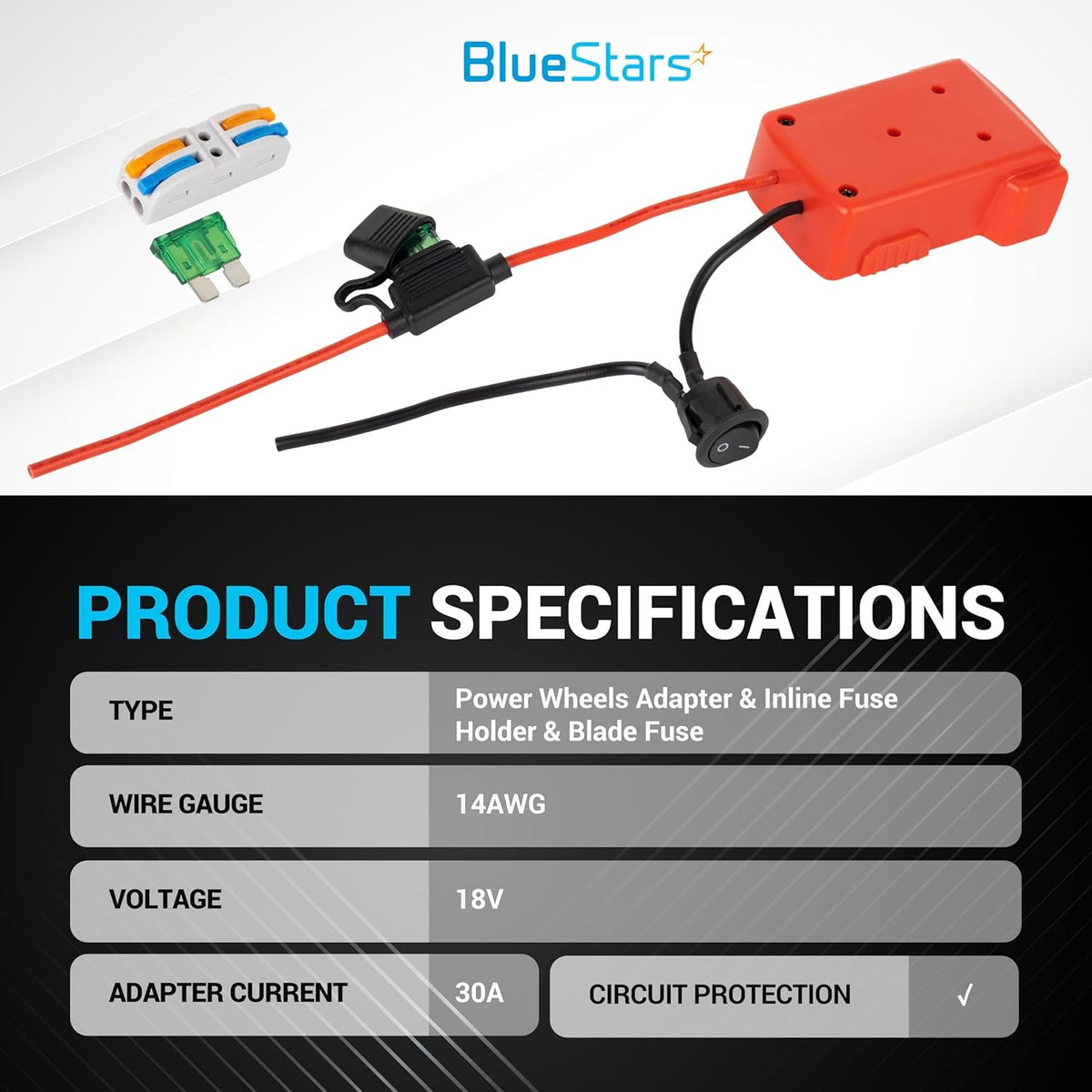 Red Power Wheels adapter for Milwaukee M18 battery with inline fuse holder, blade fuse, and power switch.