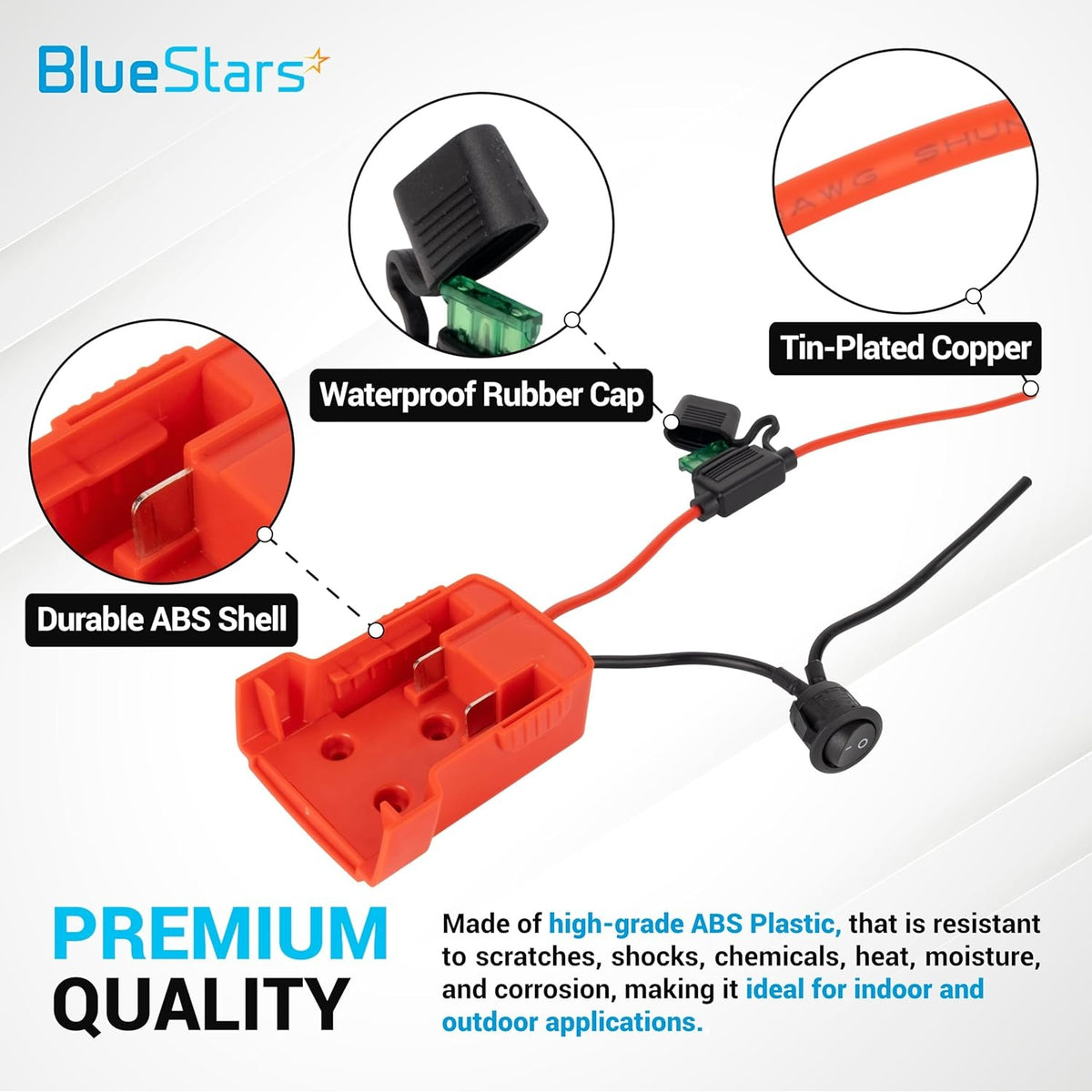 Red Power Wheels adapter for Milwaukee M18 battery with waterproof fuse holder, switch, and durable ABS shell.