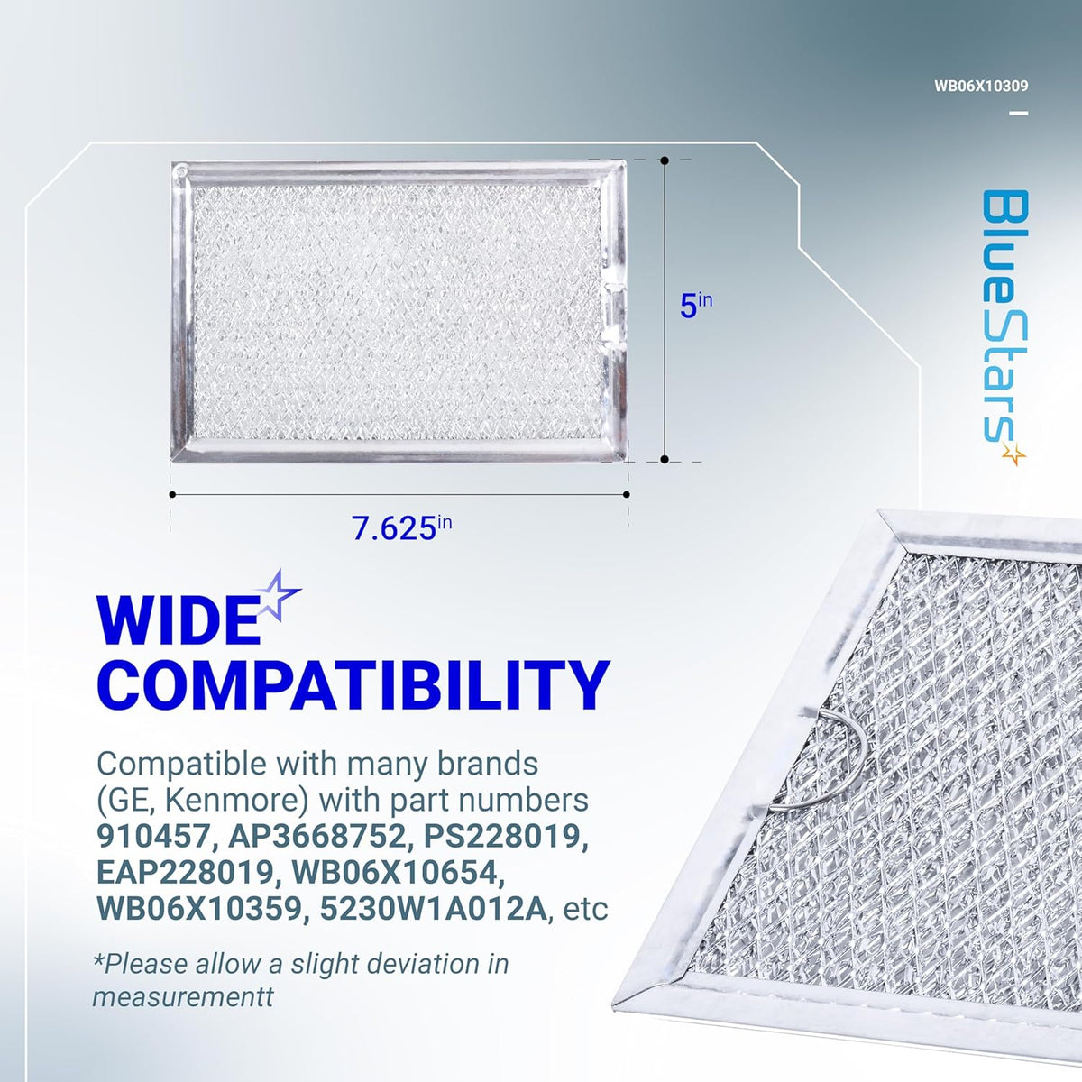 Single microwave grease filter replacement with 7.625" x 5" dimensions and compatibility specifications.
