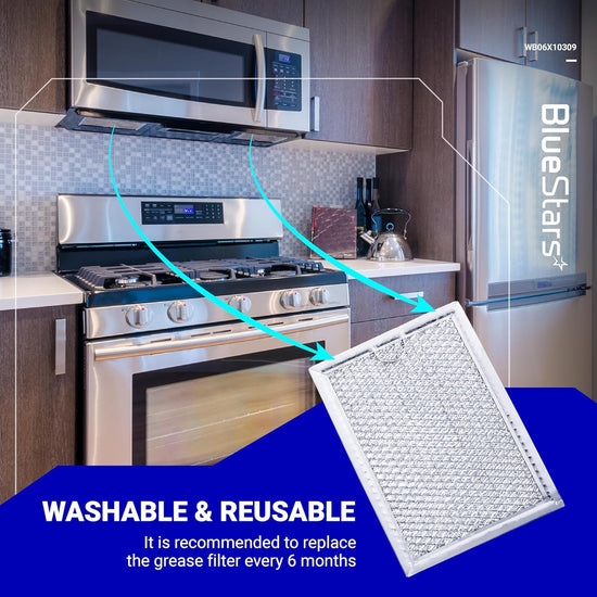 WB06X10309 microwave grease filter replacement shown installed under an over-the-range microwave hood.