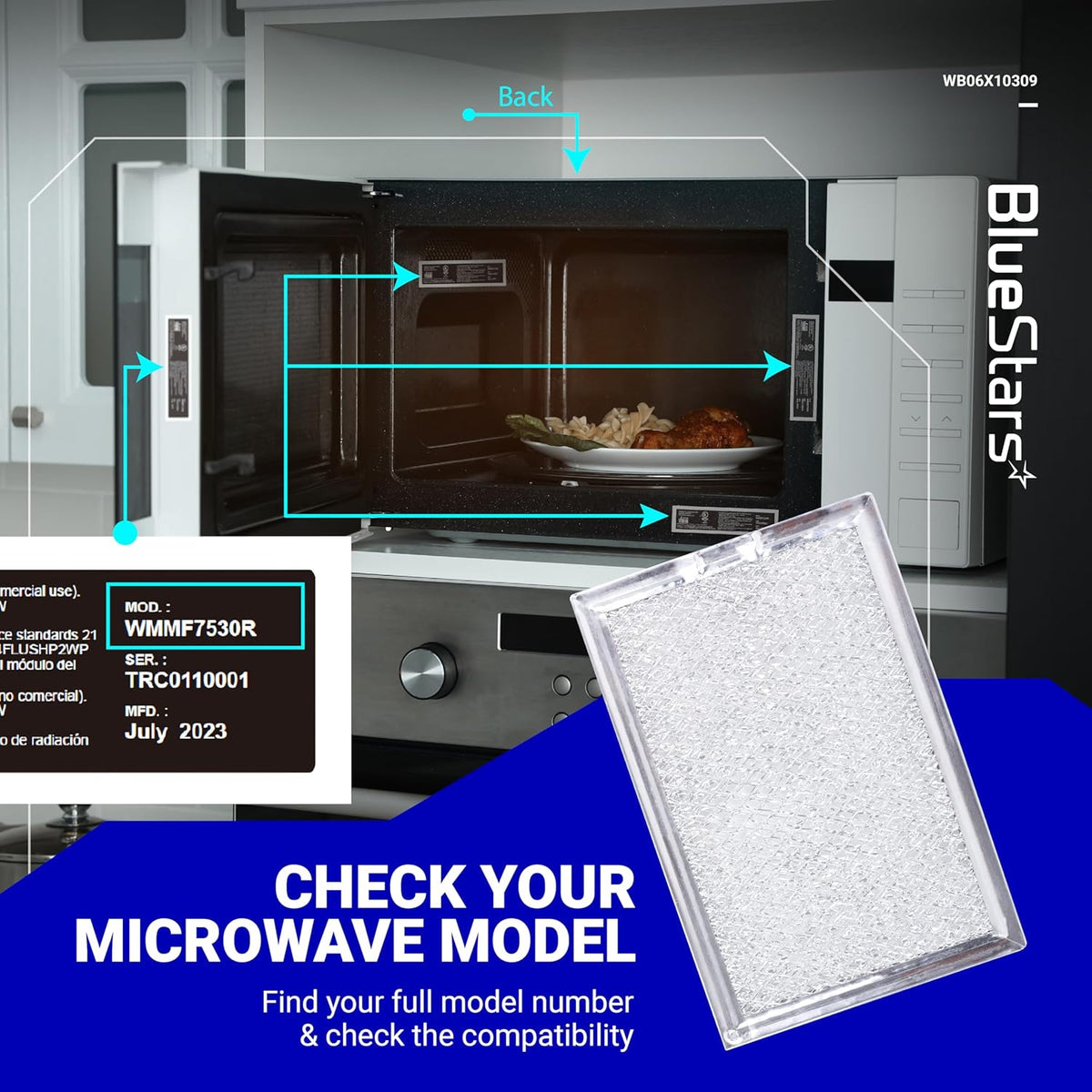 Single microwave grease filter replacement with instructional graphic for checking model number compatibility.