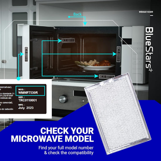 Single microwave grease filter replacement with instructional graphic for checking model number compatibility.