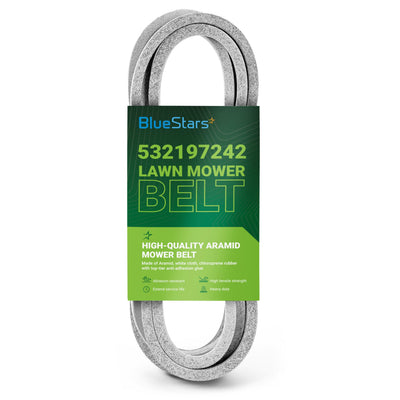 532197242 replacement mower deck belt with BlueStars branded packaging label.