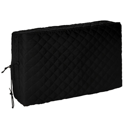 Black quilted indoor window air conditioner cover with drawstring closure.