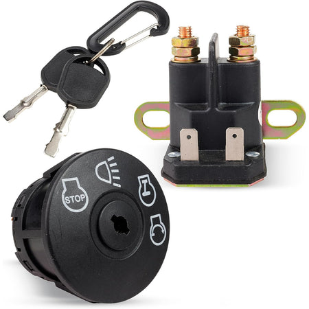 175566 Ignition Switch & AM138068 Starter Solenoid, front view with two keys and solenoid