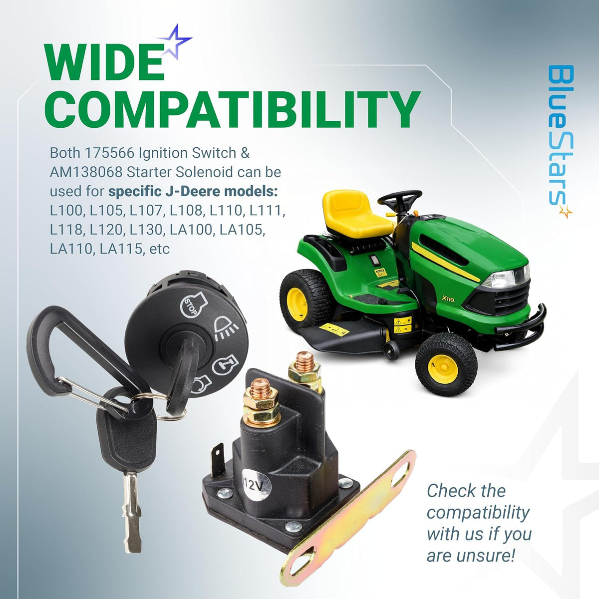 175566 Ignition Switch & AM138068 Starter Solenoid shown with keys beside a green John Deere riding mower
