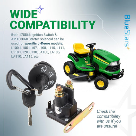 175566 Ignition Switch & AM138068 Starter Solenoid shown with keys beside a green John Deere riding mower