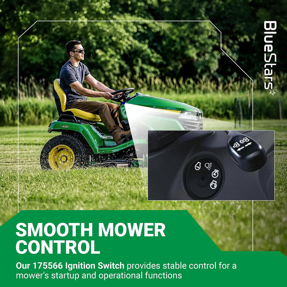 175566 Ignition Switch, marketing graphic showing a riding mower and ignition switch close-up
