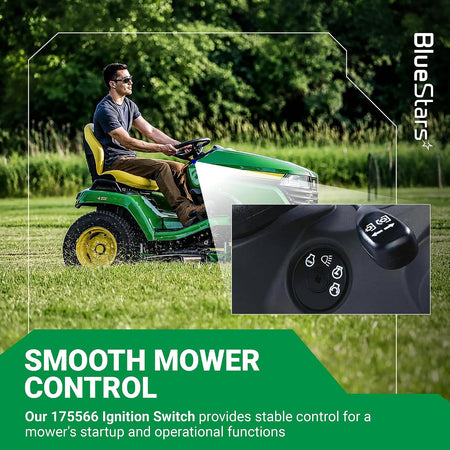 175566 Ignition Switch, marketing graphic showing a riding mower and ignition switch close-up