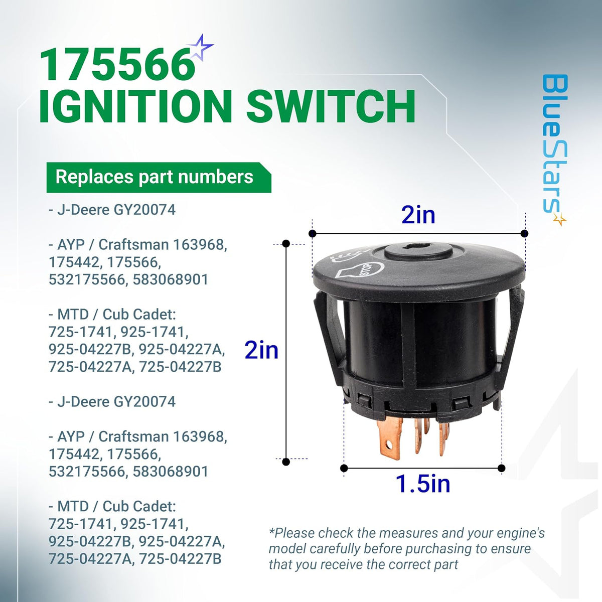 175566 Ignition Switch, dimension diagram showing 2-inch height, 2-inch diameter, and 1.5-inch base