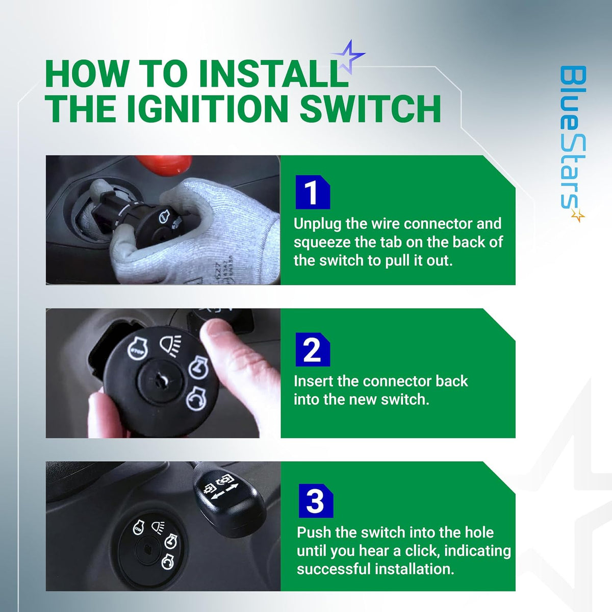 175566 Ignition Switch & AM138068 Starter Solenoid installation guide showing three switch replacement steps