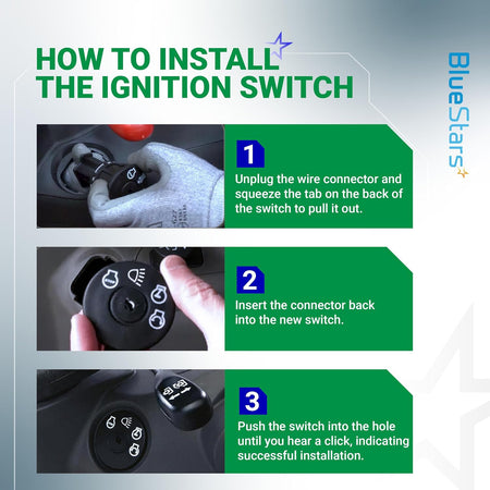 175566 Ignition Switch & AM138068 Starter Solenoid installation guide showing three switch replacement steps