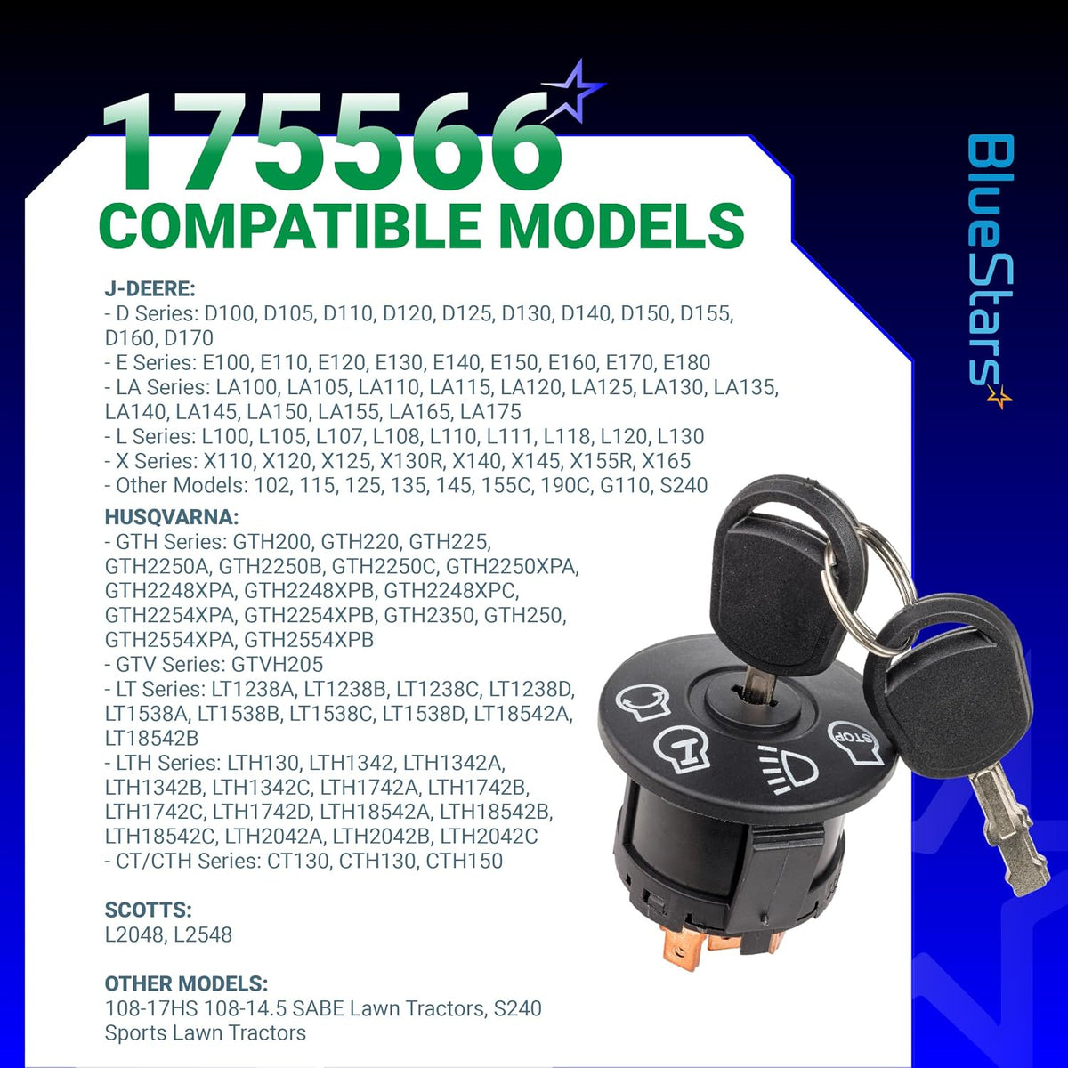175566 Ignition Switch 7 Terminals 2 Keys, switch with two keys beside a compatible models list