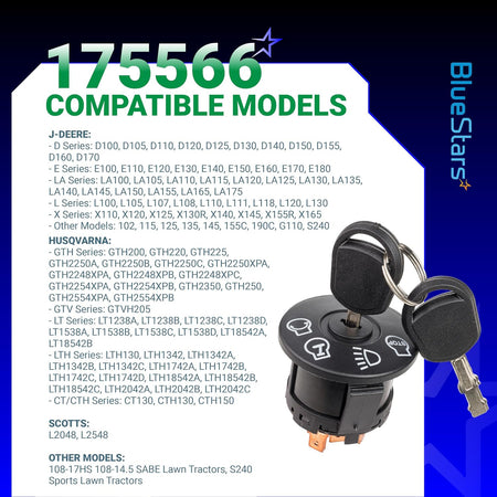 175566 Ignition Switch 7 Terminals 2 Keys, switch with two keys beside a compatible models list