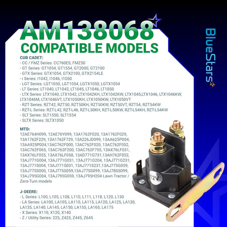 AM138068 Starter Solenoid compatible models chart with solenoid product photo
