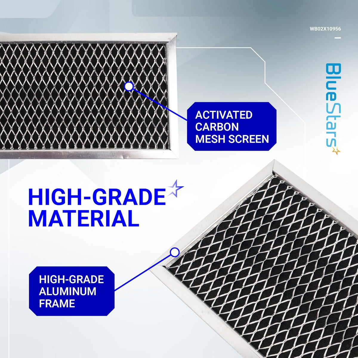 Close-up of microwave charcoal filter showing activated carbon mesh screen and high-grade aluminum frame construction.