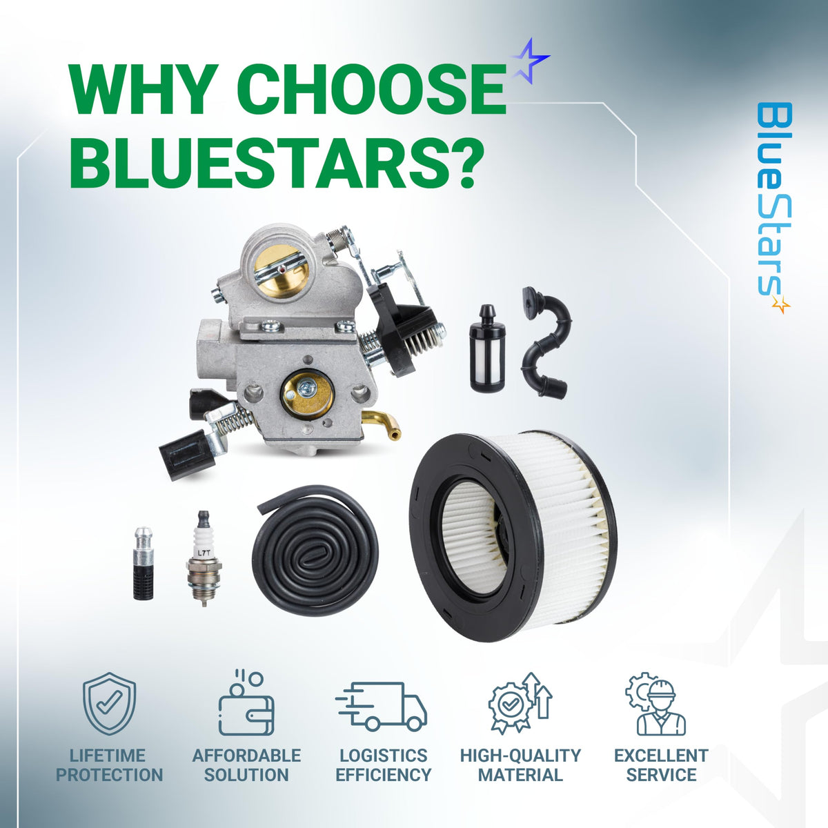 MS391 carburetor kit including air filter, fuel line, fuel filter, and spark plug for Stihl chainsaws.