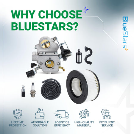 MS391 carburetor kit including air filter, fuel line, fuel filter, and spark plug for Stihl chainsaws.