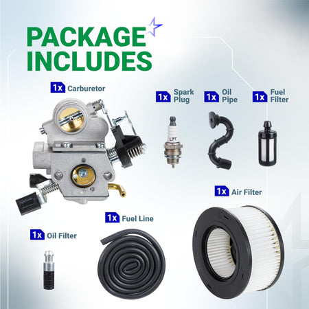 MS391 chainsaw carburetor kit components including carburetor, air filter, spark plug, fuel line, and filters.