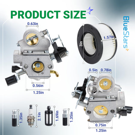 Dimensional diagram of Stihl MS391 chainsaw carburetor, air filter, spark plug, and fuel filter with measurements.
