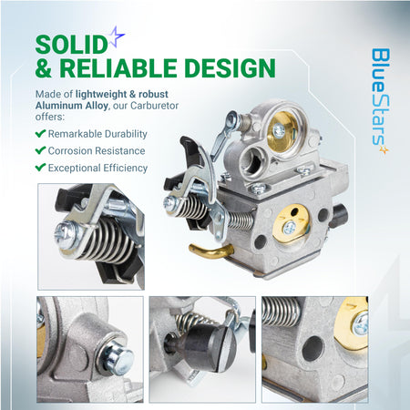 Replacement carburetor for Stihl MS391 and MS311 chainsaws, featuring detailed close-up views of the aluminum alloy body.