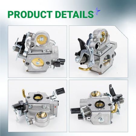 Multi-angle view of Walbro WTE-9A carburetor for Stihl MS391 and MS311 chainsaws.
