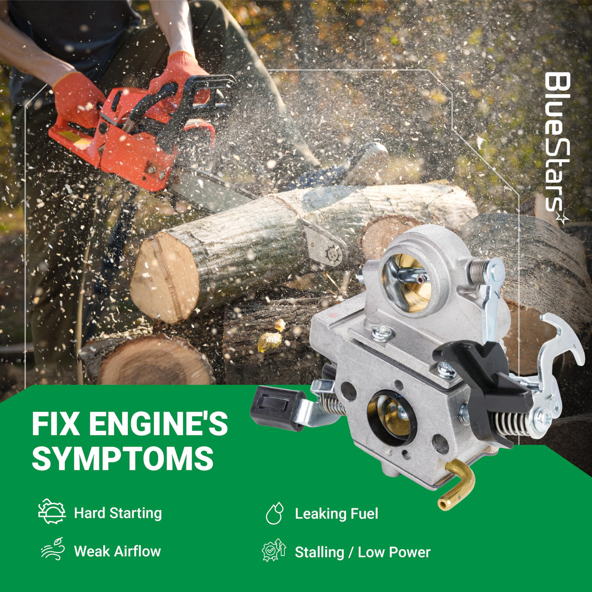 Replacement carburetor for Stihl MS391 and MS311 chainsaws shown with engine symptom troubleshooting guide.
