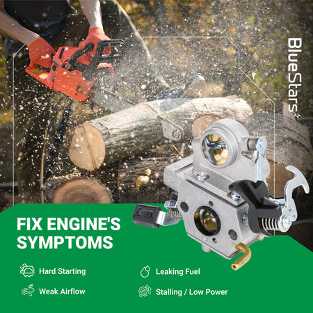 Replacement carburetor for Stihl MS391 and MS311 chainsaws shown with engine symptom troubleshooting guide.