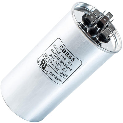 45+5 uF 440 VAC CBB65 round dual run capacitor for AC motor and condenser units.