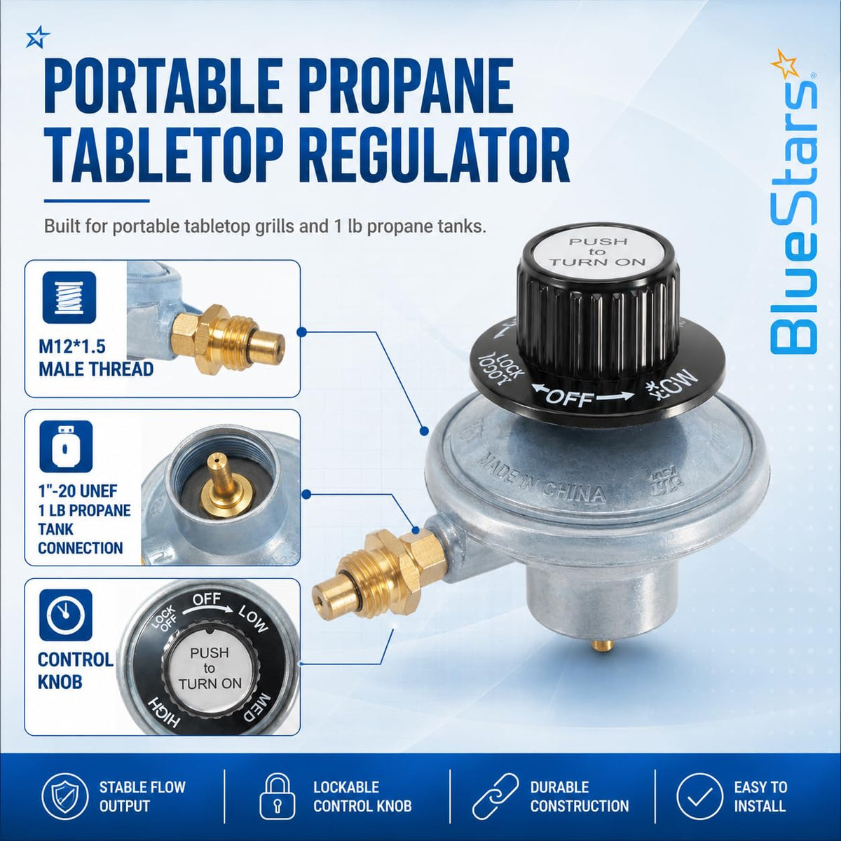 Portable propane tabletop grill regulator with M12x1.5 male thread and 1 lb tank connection.