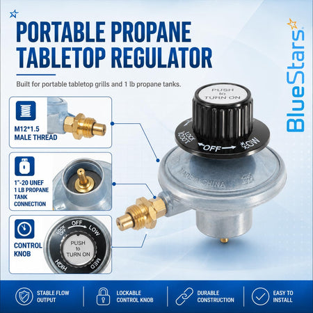 Portable propane tabletop grill regulator with M12x1.5 male thread and 1 lb tank connection.