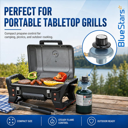 Propane regulator control valve attached to a portable tabletop grill with a 16 oz propane canister.