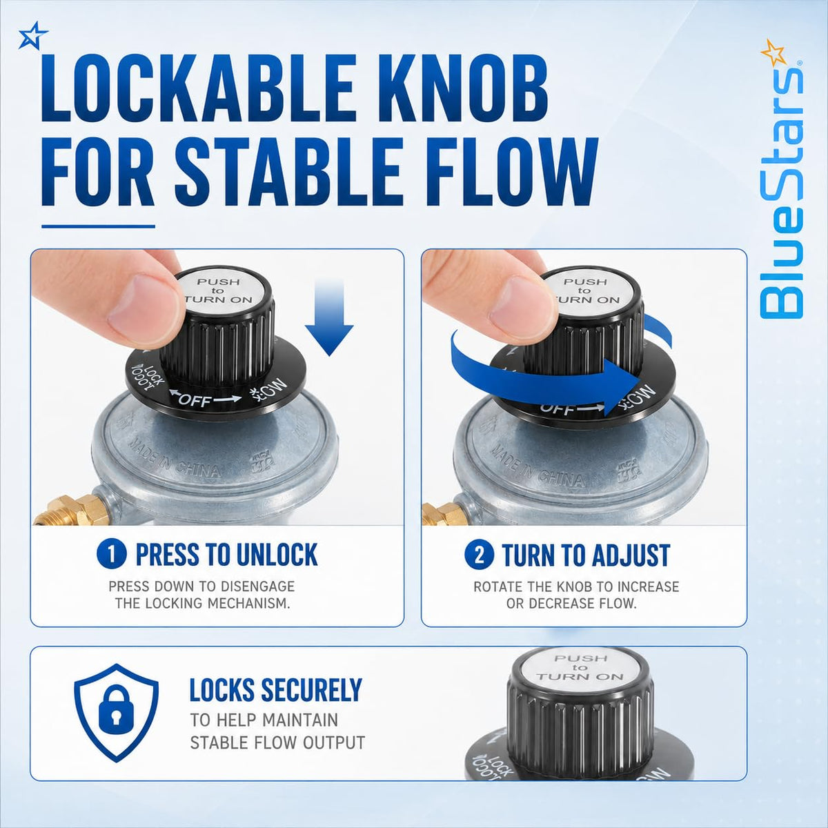 Instructional graphic showing how to press and turn the lockable gas regulator knob for stable flow control.