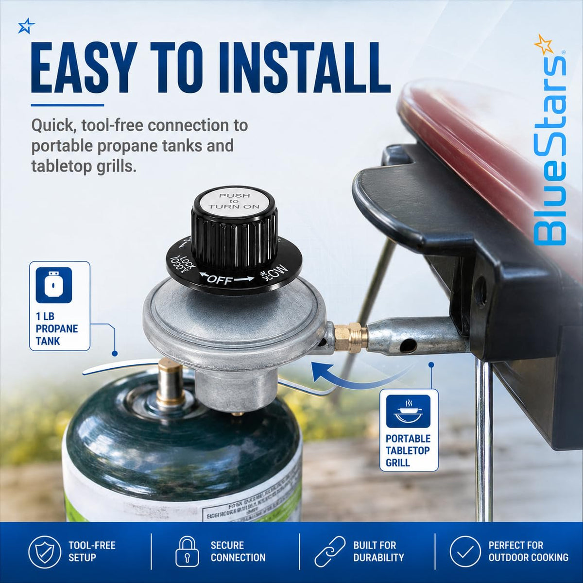 Propane regulator connecting a 1 lb propane tank to a portable tabletop grill for tool-free installation.